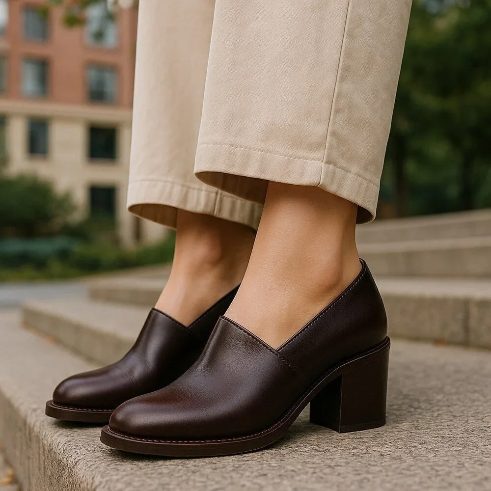 Free Lance Paris Chunky Heel Pumps Heels Shoes Brown Leather Women's 35/US 4